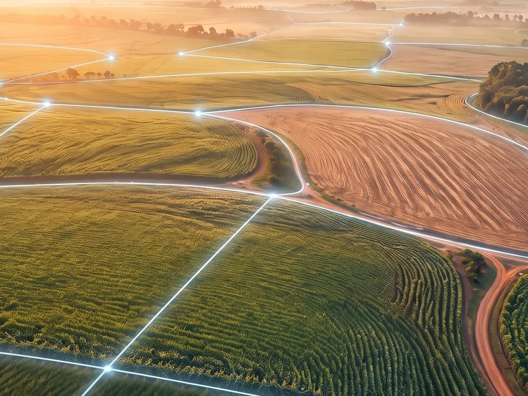 Talhões agrícolas vistos do alto com linhas que delimitam a lavoura